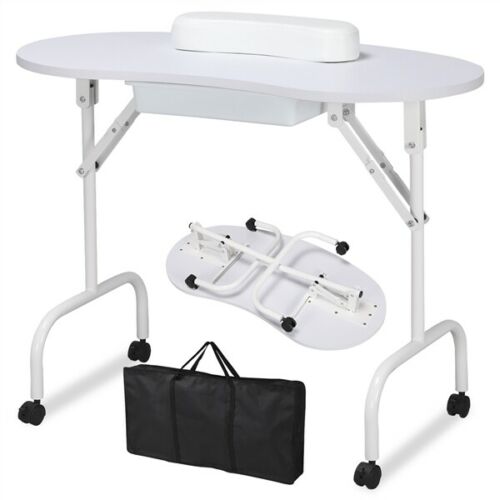 White Portable Manicure Table Folding Desk Nail Beauty Salon Spa with Wheels